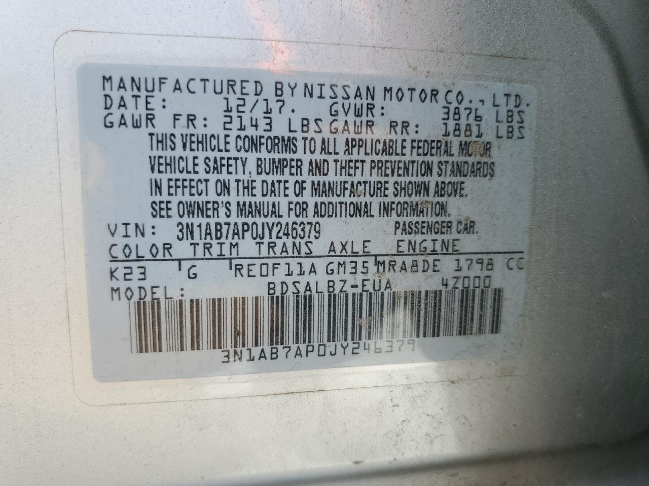 3N1AB7AP0JY246379 2018 Nissan Sentra S