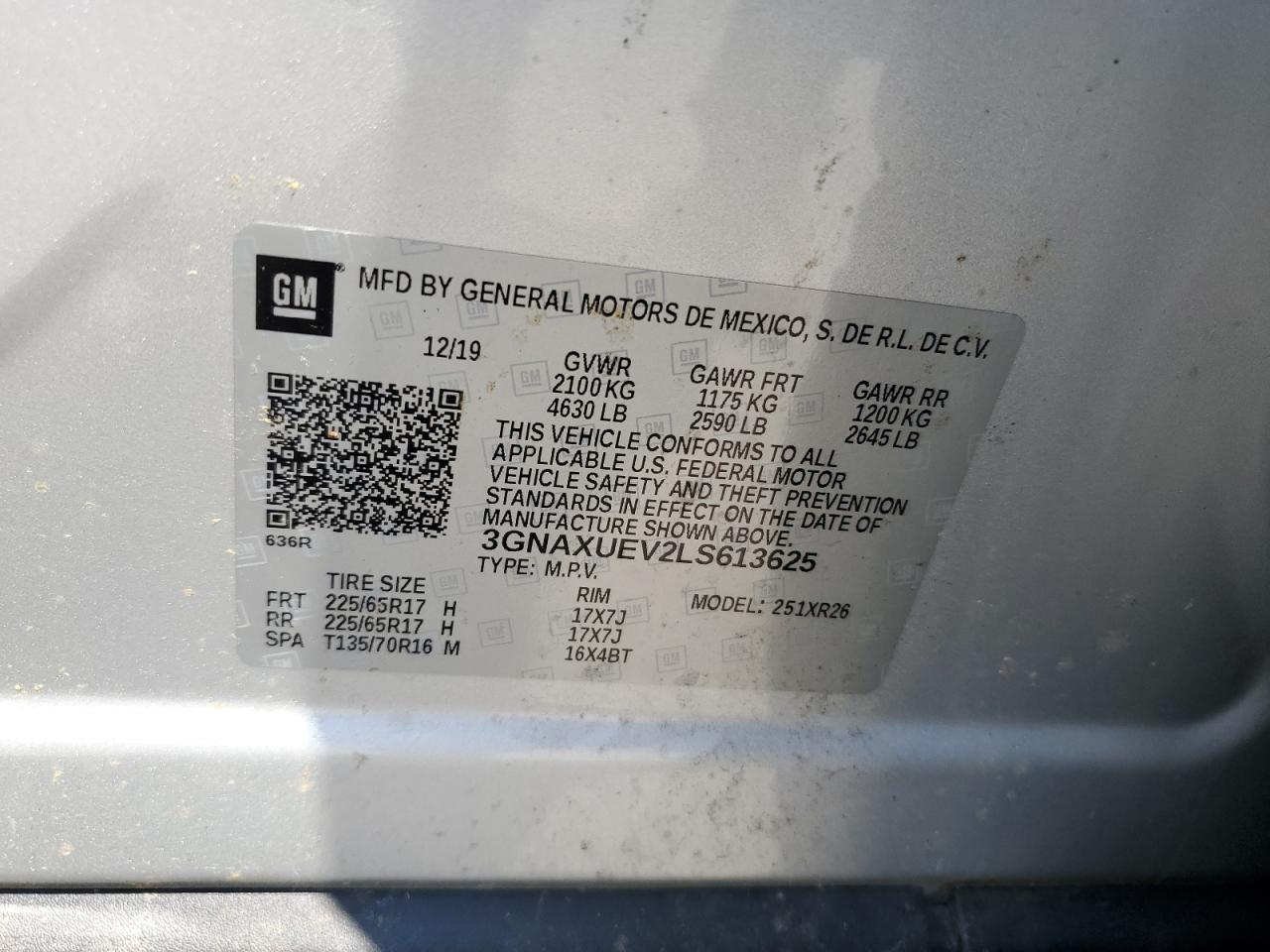 3GNAXUEV2LS613625 2020 Chevrolet Equinox Lt