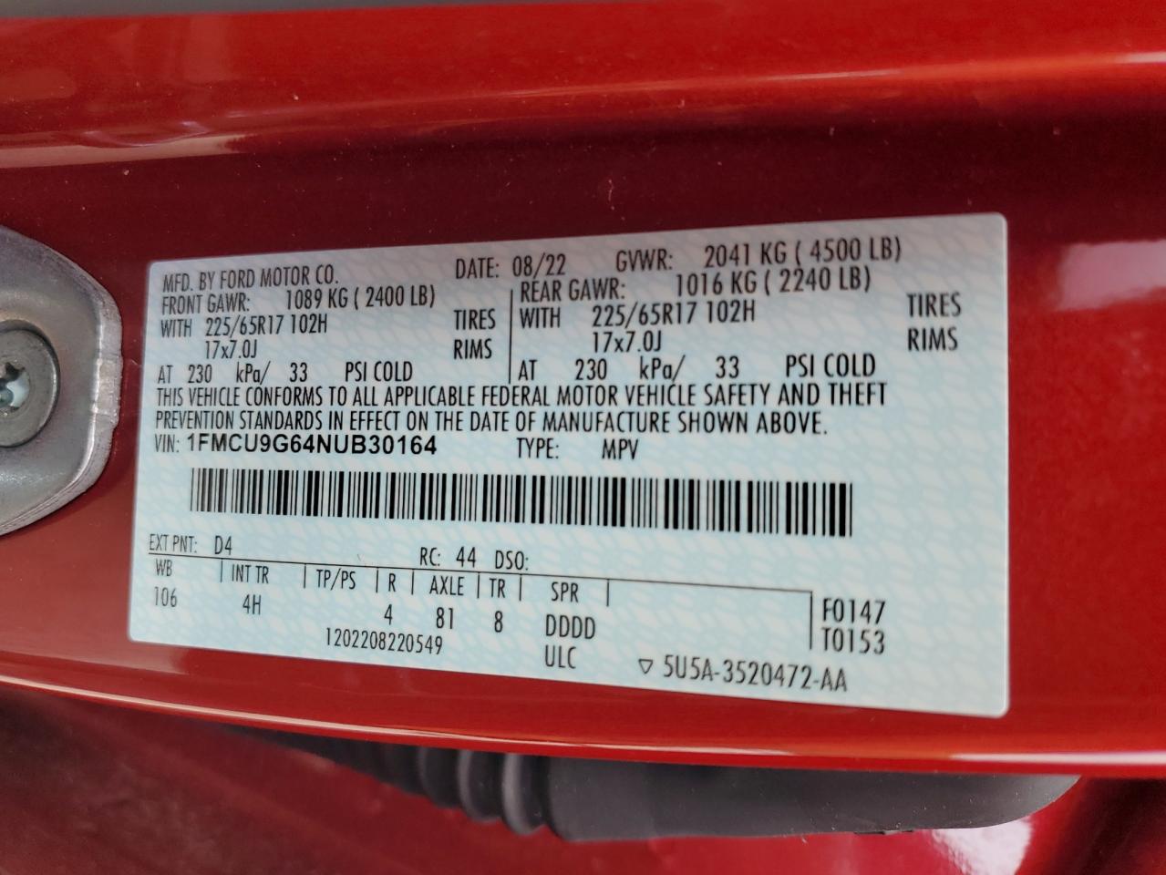 1FMCU9G64NUB30164 2022 Ford Escape Se