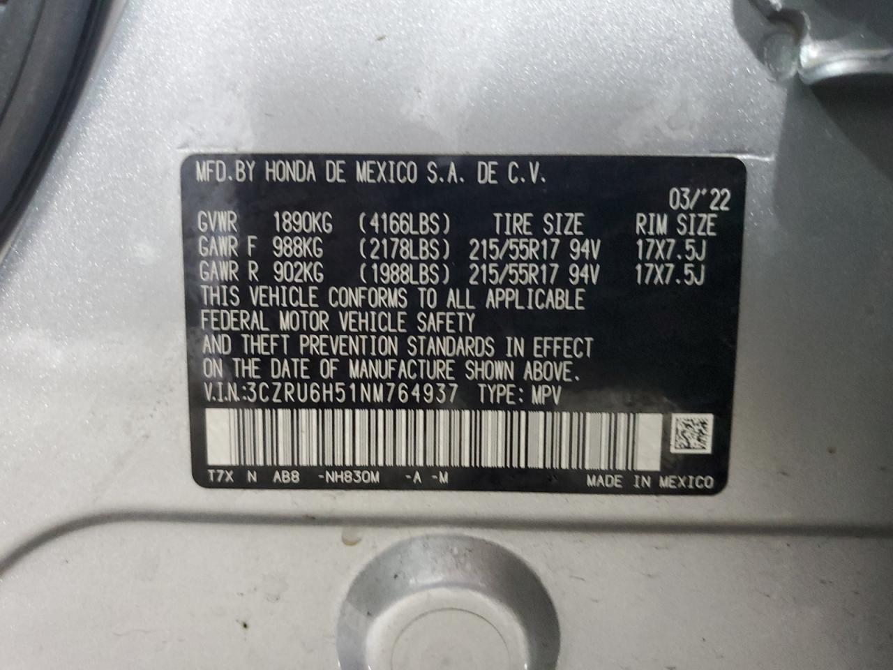 3CZRU6H51NM764937 2022 Honda Hr-V Ex