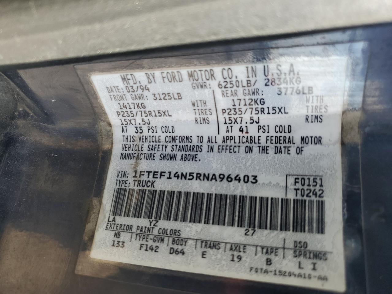 1FTEF14N5RNA96403 1994 Ford F150