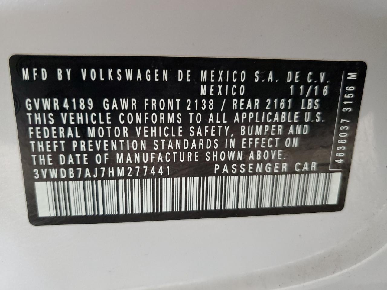 3VWDB7AJ7HM277441 2017 Volkswagen Jetta Se