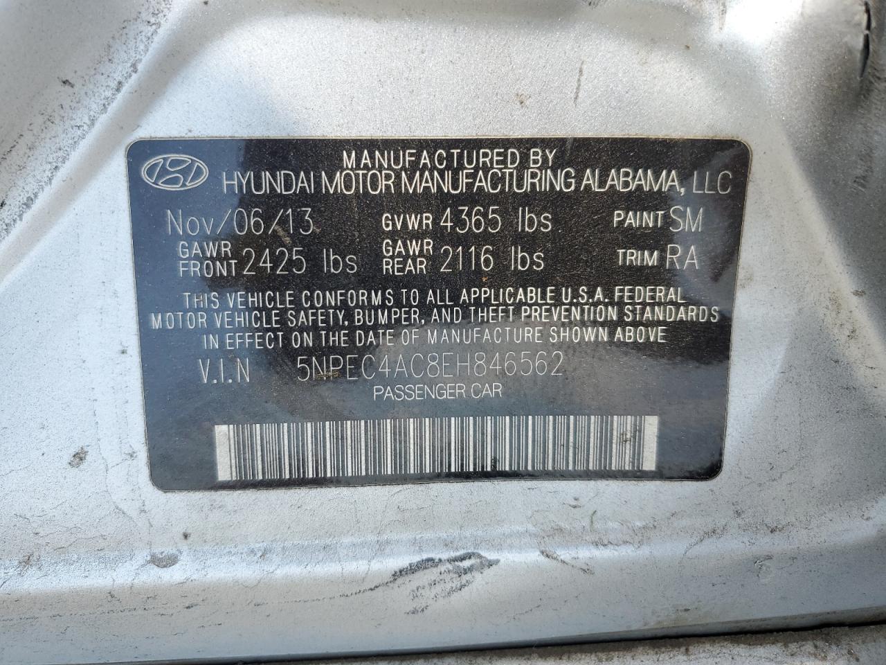 5NPEC4AC8EH846562 2014 Hyundai Sonata Se
