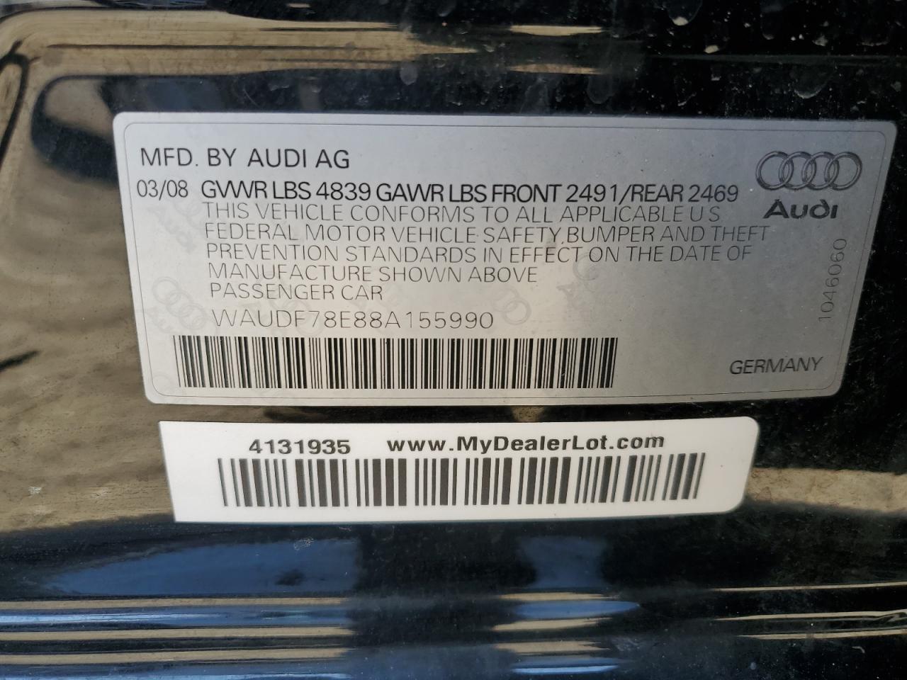 WAUDF78E88A155990 2008 Audi A4 2.0T Quattro
