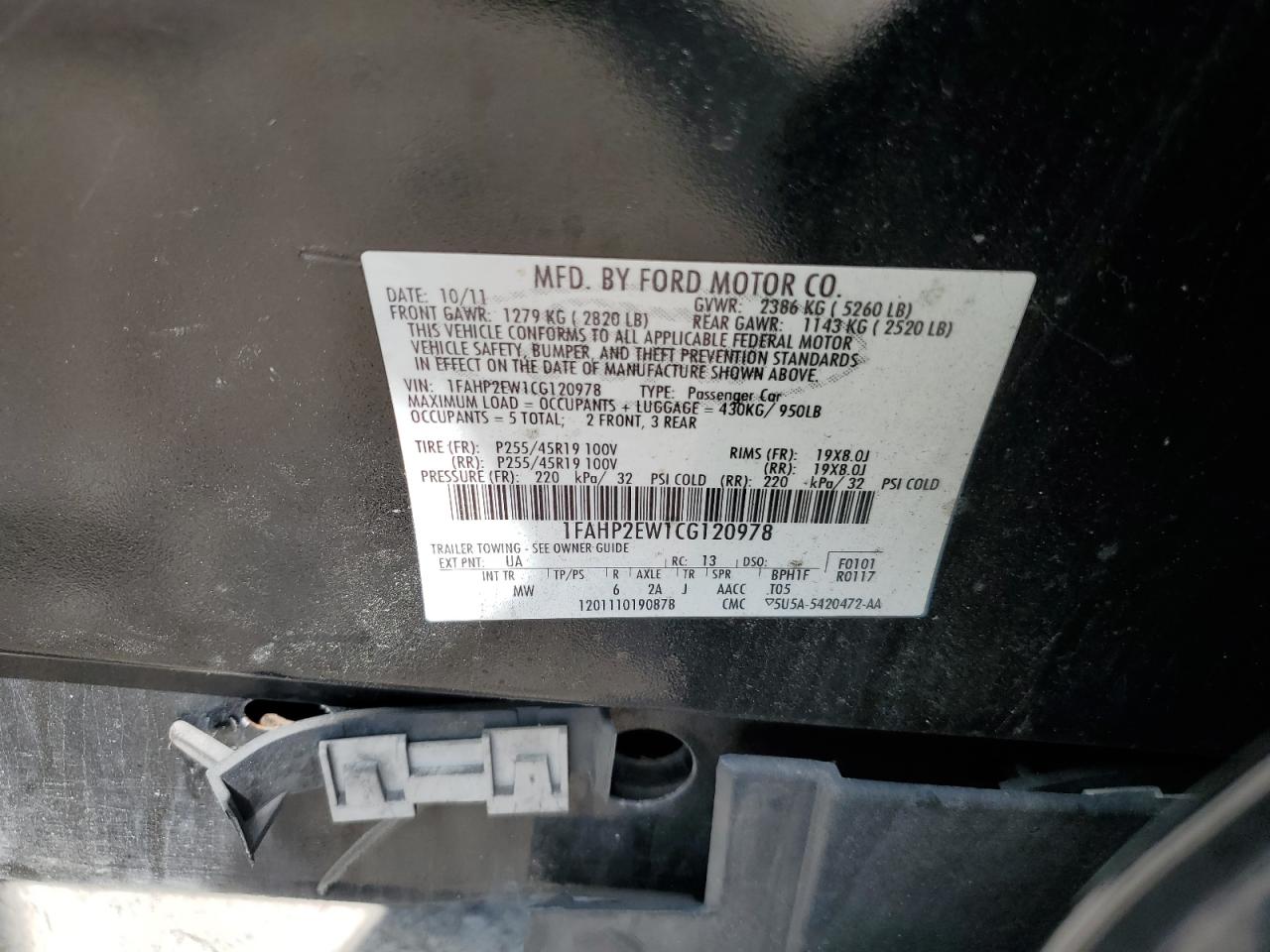 1FAHP2EW1CG120978 2012 Ford Taurus Sel