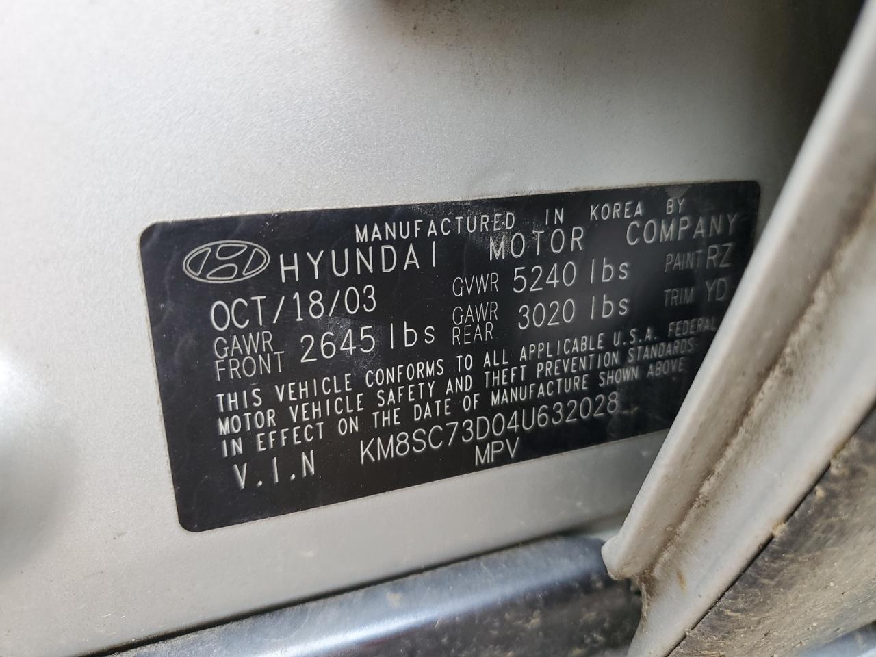 KM8SC73D04U632028 2004 Hyundai Santa Fe Gls