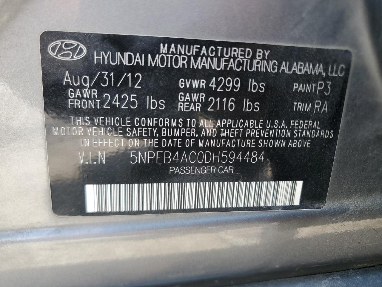 5NPEB4AC0DH594484 2013 Hyundai Sonata Gls