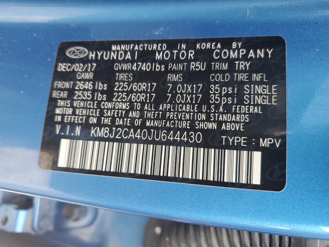 KM8J2CA40JU644430 2018 Hyundai Tucson Se