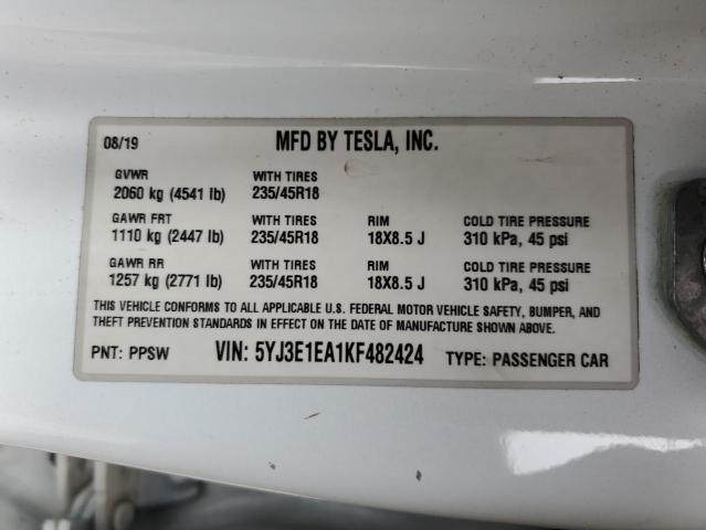 2019 Tesla Model 3 VIN: 5YJ3E1EA1KF482424 Lot: 60223364