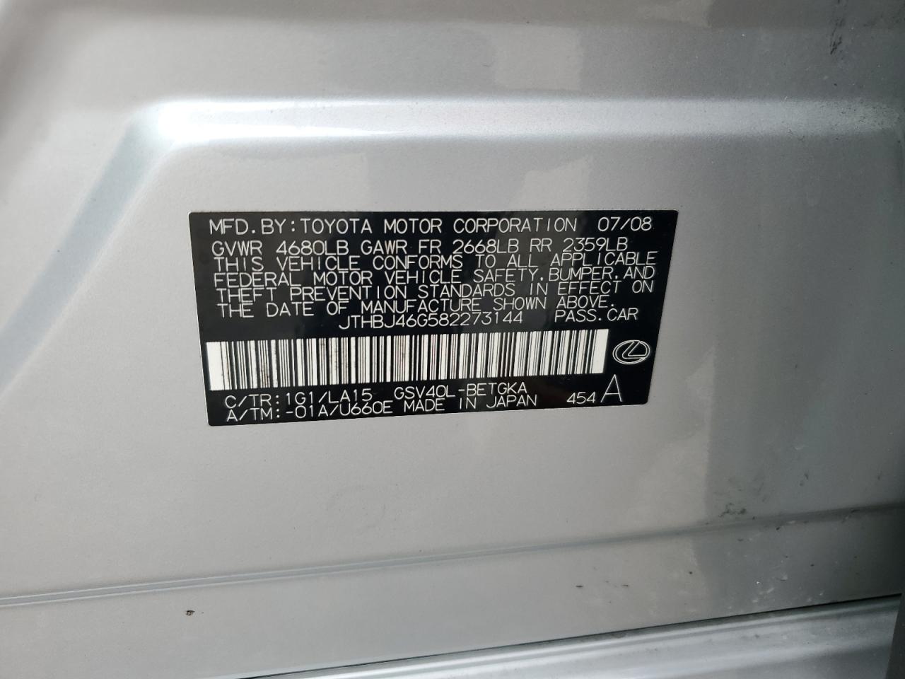 JTHBJ46G582273144 2008 Lexus Es 350