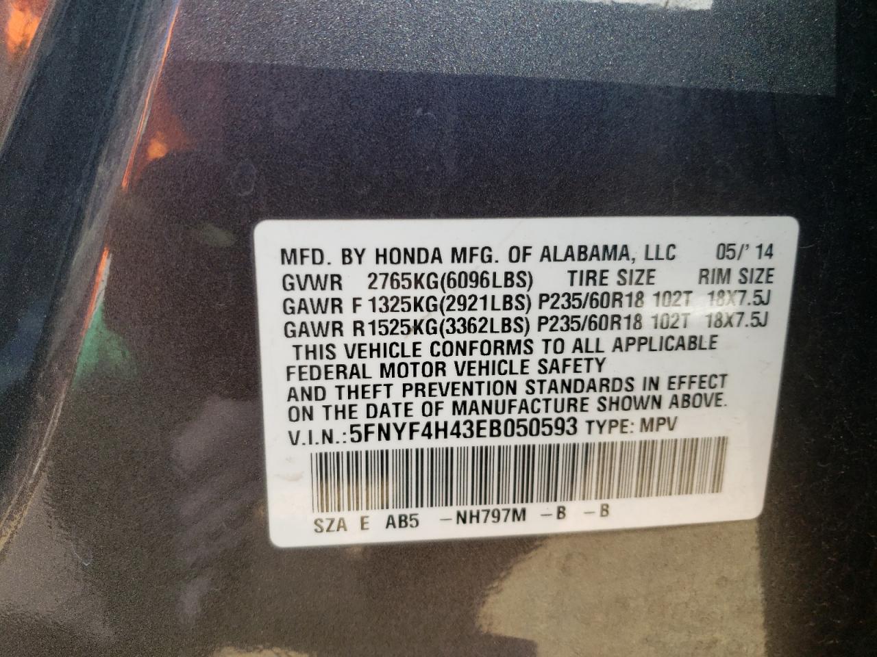 5FNYF4H43EB050593 2014 Honda Pilot Ex