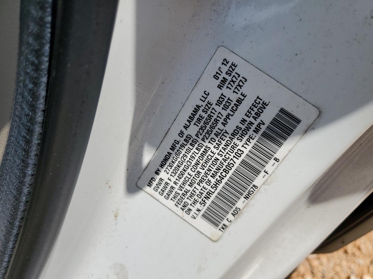 5FNRL5H64CB057103 2012 Honda Odyssey Exl