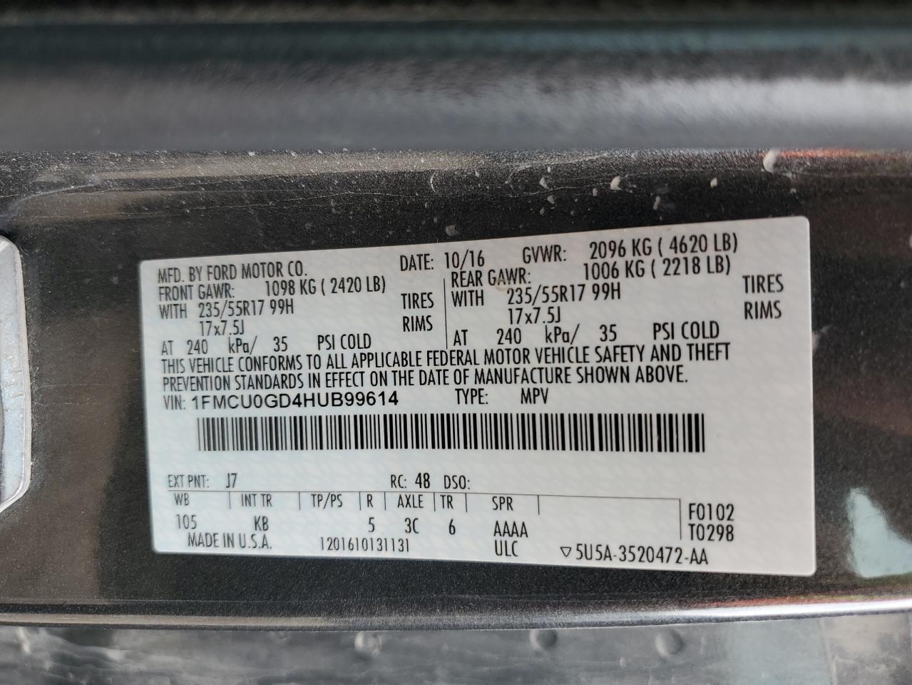 1FMCU0GD4HUB99614 2017 Ford Escape Se