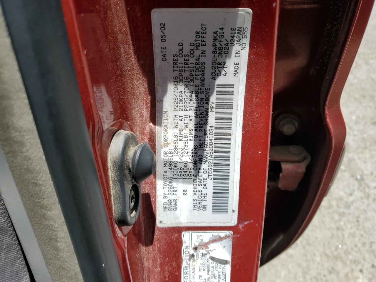 JTEGD21A520041034 2002 Toyota Highlander