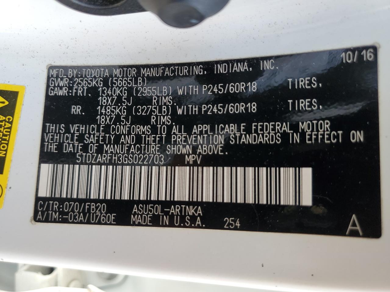 5TDZARFH3GS022703 2016 Toyota Highlander Le