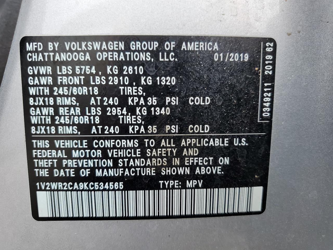 1V2WR2CA9KC534565 2019 Volkswagen Atlas Se