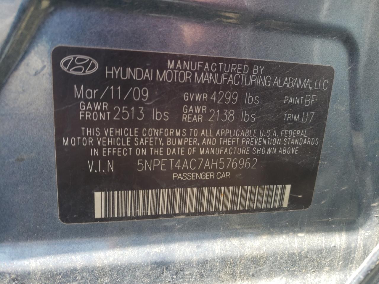 5NPET4AC7AH576962 2010 Hyundai Sonata Gls