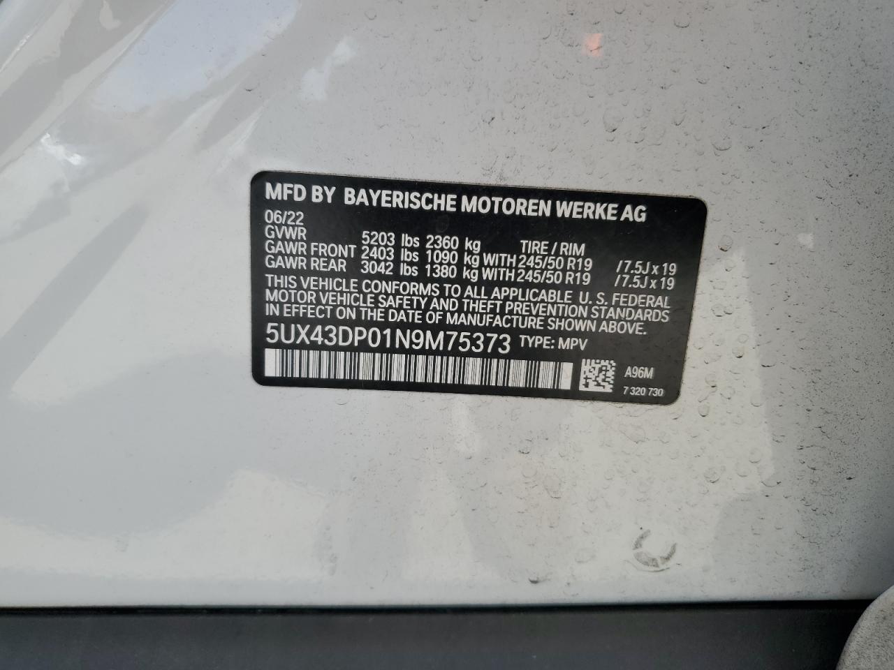 5UX43DP01N9M75373 2022 BMW X3 Sdrive30I