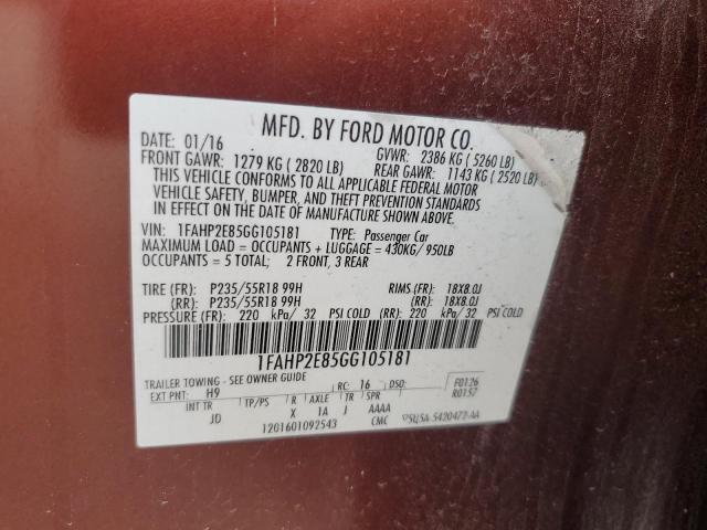 2016 Ford Taurus Sel VIN: 1FAHP2E85GG105181 Lot: 57196474