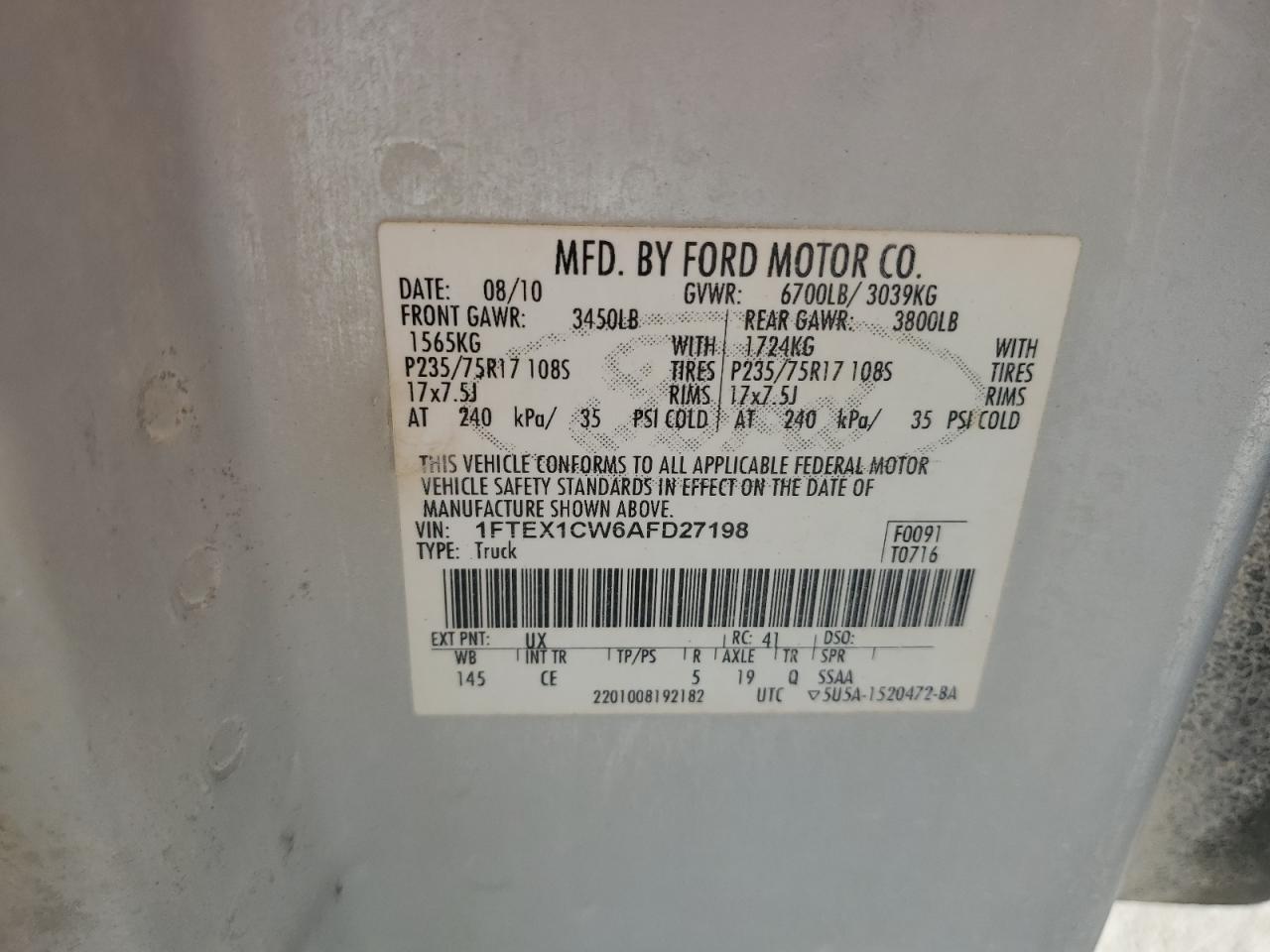 1FTEX1CW6AFD27198 2010 Ford F150 Super Cab