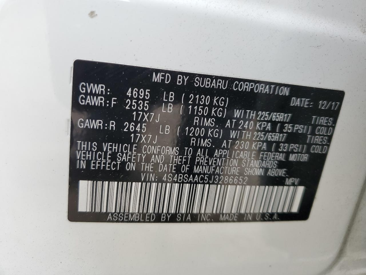 4S4BSAAC5J3286652 2018 Subaru Outback 2.5I