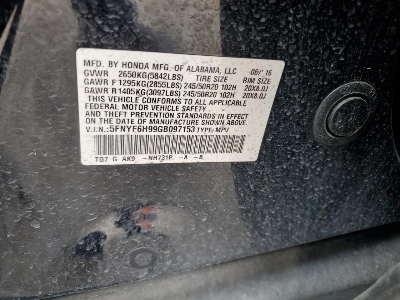 5FNYF6H99GB097153 2016 Honda Pilot Touring