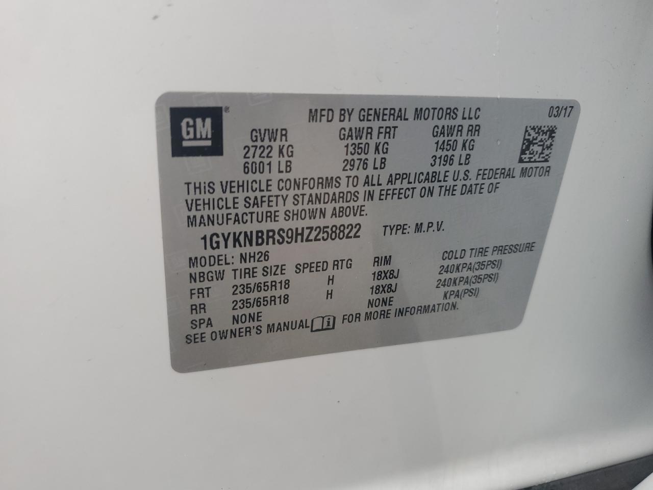 1GYKNBRS9HZ258822 2017 Cadillac Xt5 Luxury