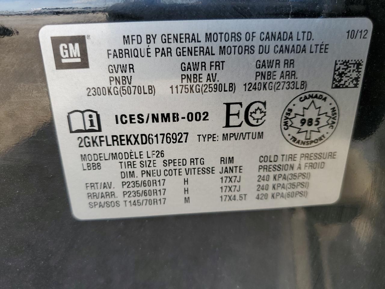 2GKFLREKXD6176927 2013 GMC Terrain Sle