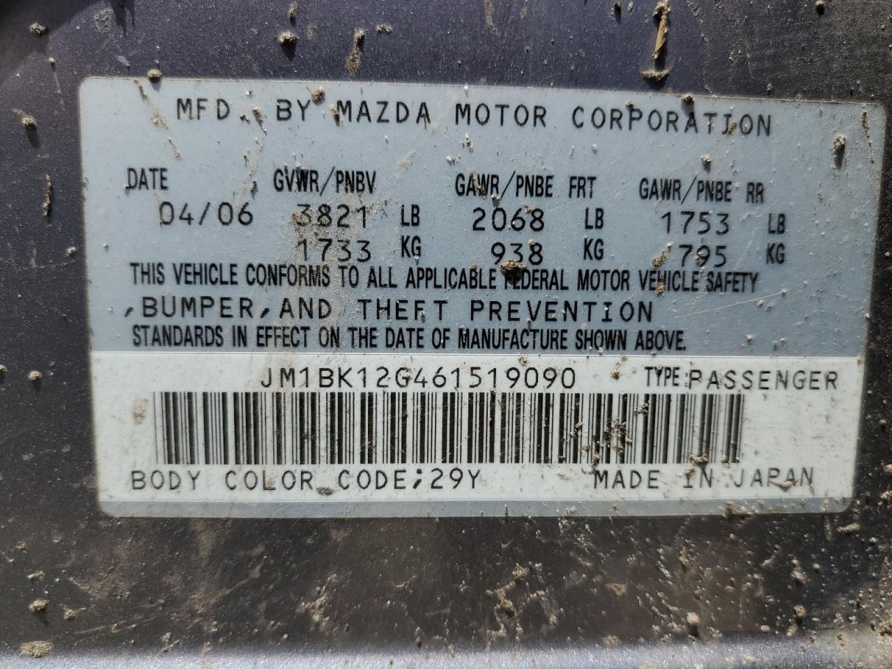 JM1BK12G461519090 2006 Mazda 3 I