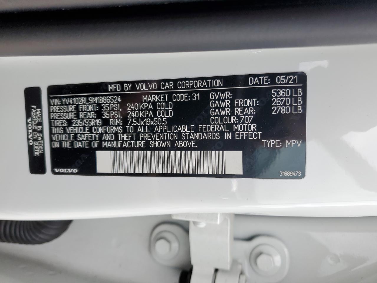 YV4102RL9M1886524 2021 Volvo Xc60 T5 Inscription