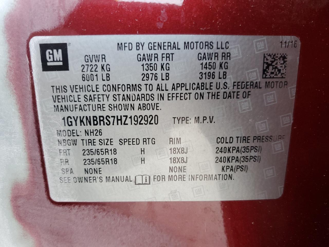 1GYKNBRS7HZ192920 2017 Cadillac Xt5 Luxury