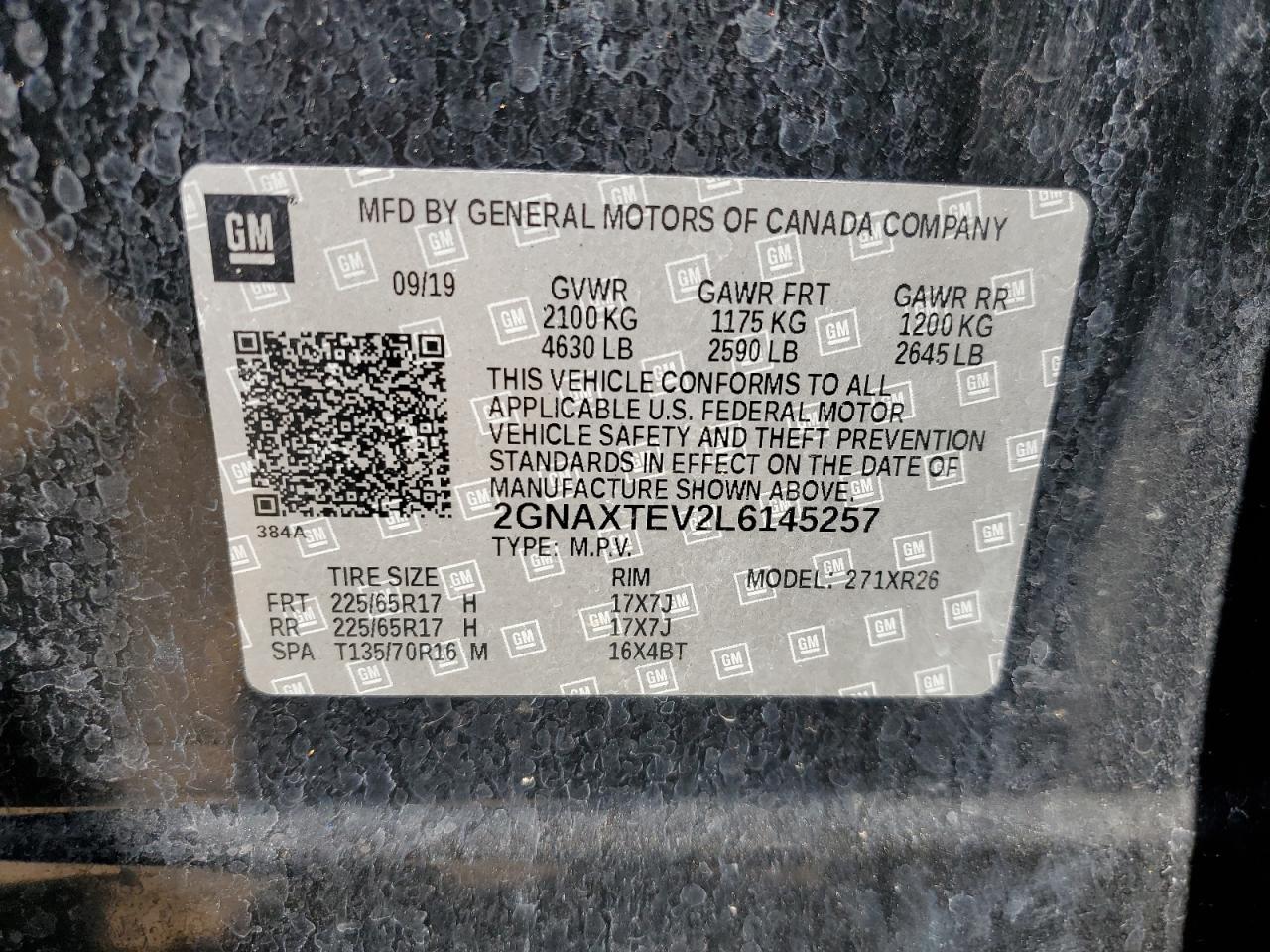 2GNAXTEV2L6145257 2020 Chevrolet Equinox Lt