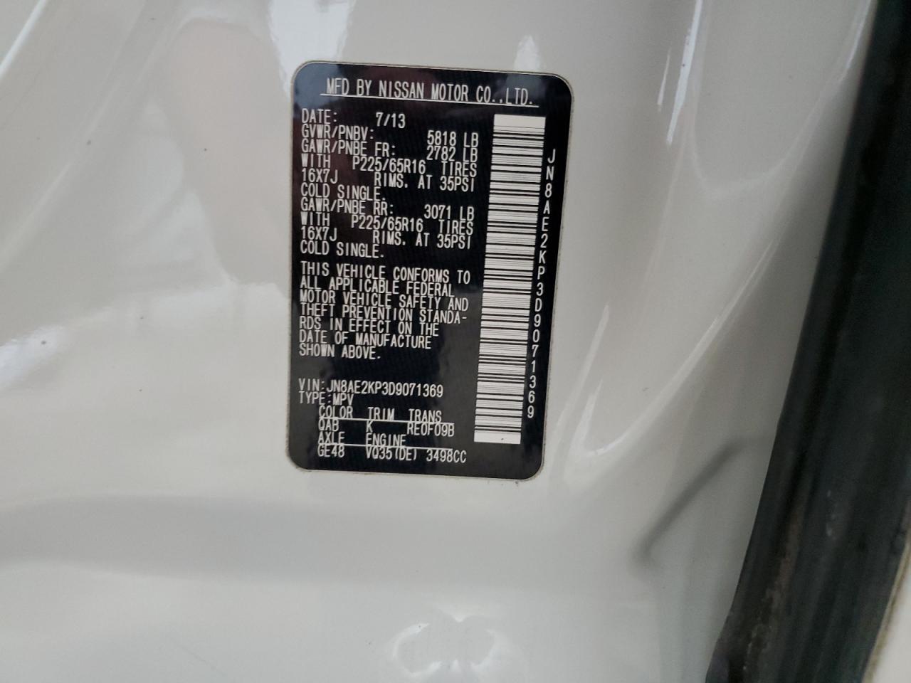 JN8AE2KP3D9071369 2013 Nissan Quest S