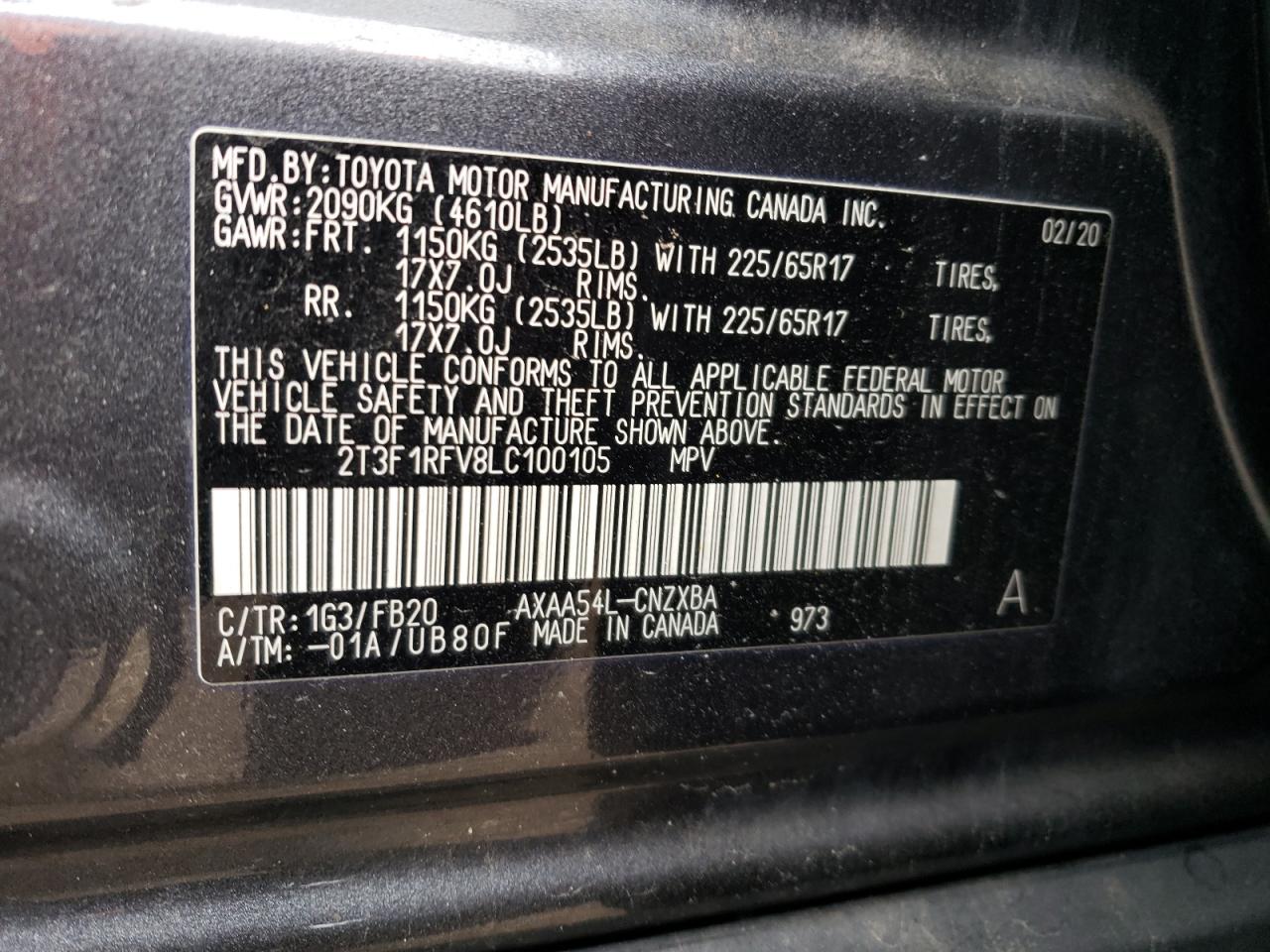 2T3F1RFV8LC100105 2020 Toyota Rav4 Le