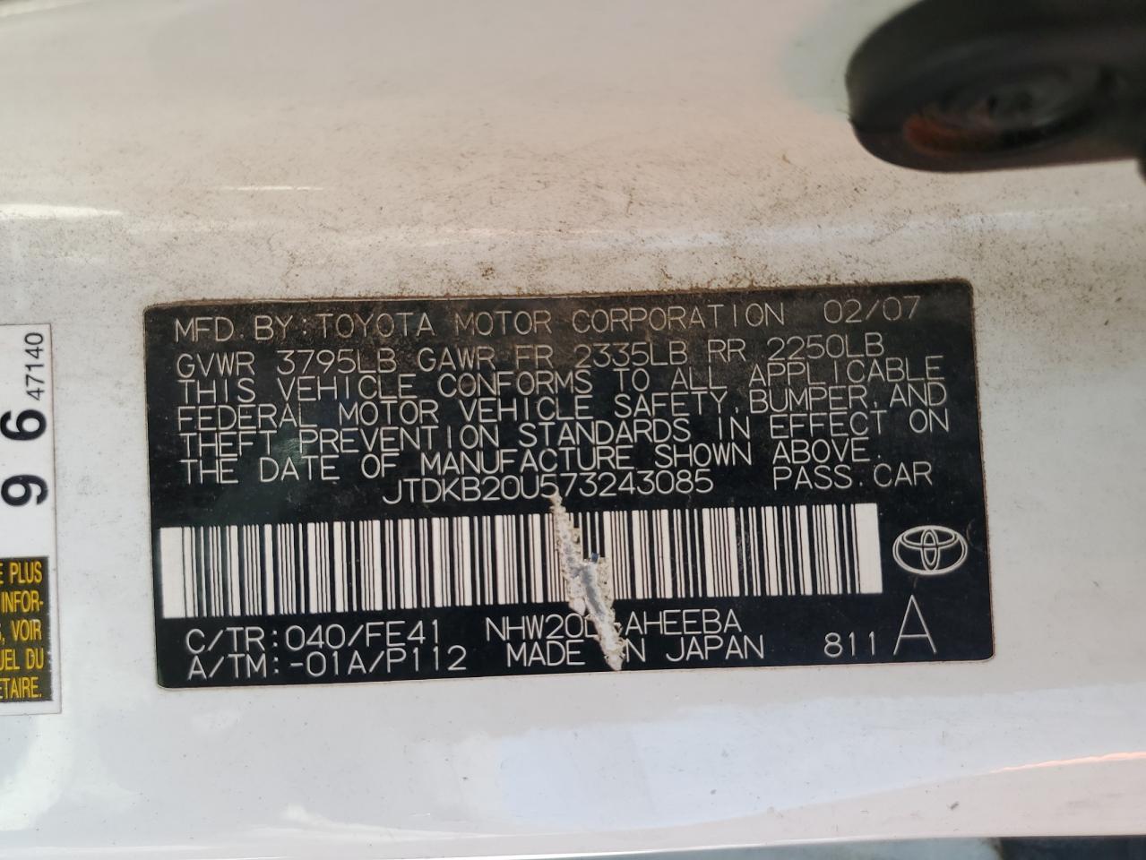 JTDKB20U573243085 2007 Toyota Prius