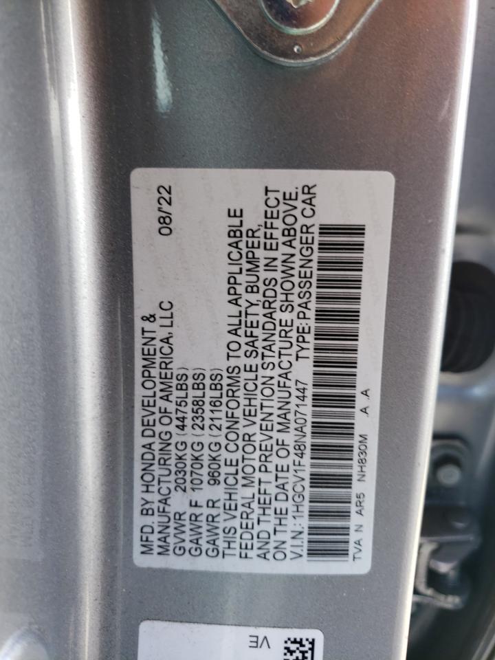1HGCV1F48NA071447 2022 Honda Accord Sport Se