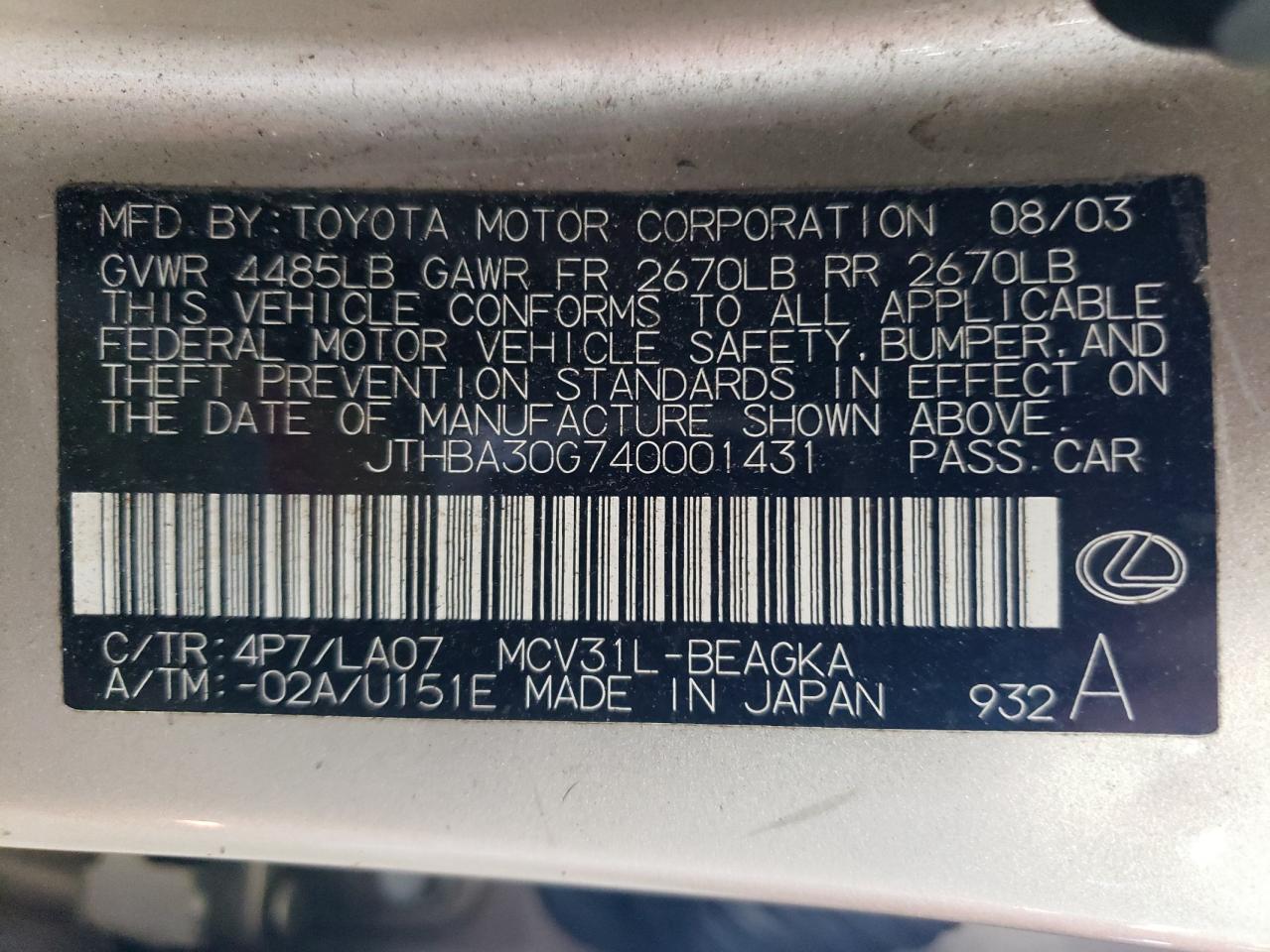 JTHBA30G740001431 2004 Lexus Es 330