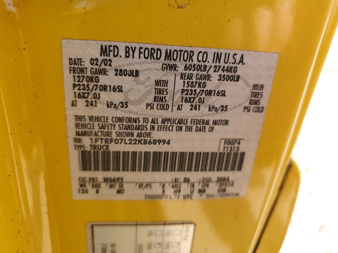 1FTRF07L22KB68994 2002 Ford F150