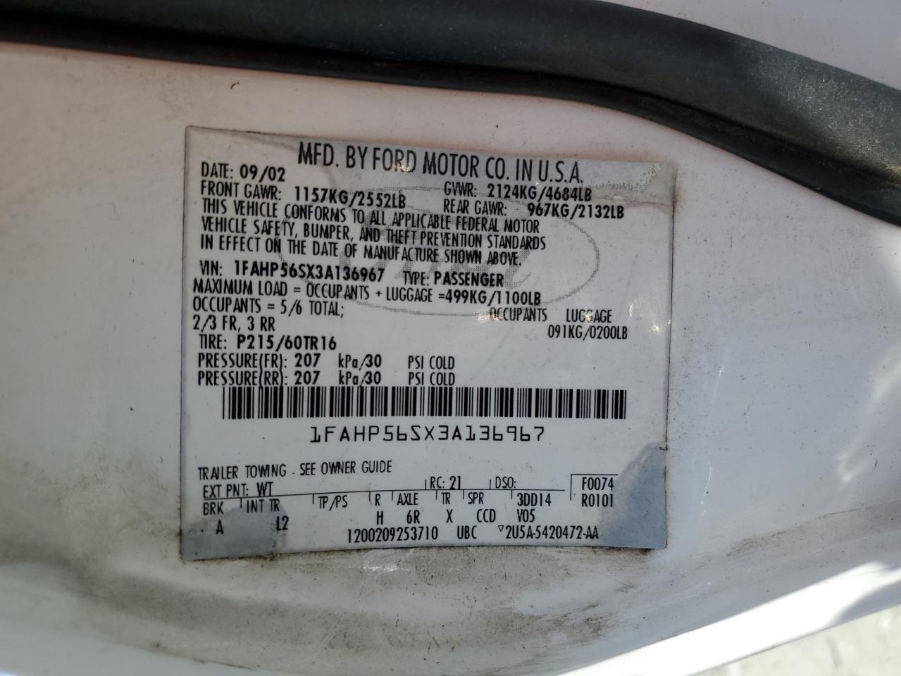 1FAHP56SX3A136967 2003 Ford Taurus Sel