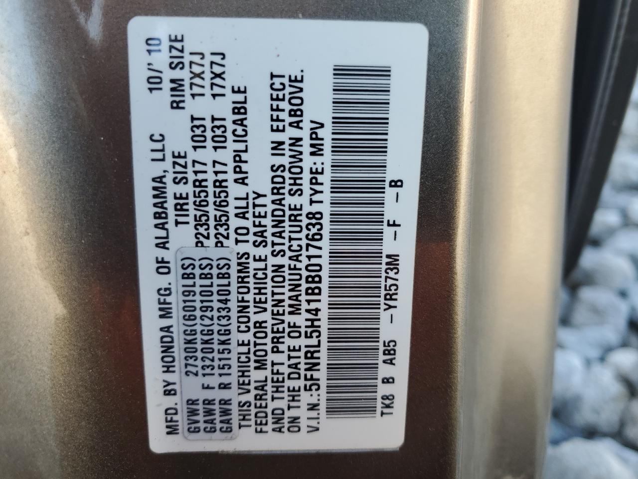 5FNRL5H41BB017638 2011 Honda Odyssey Ex