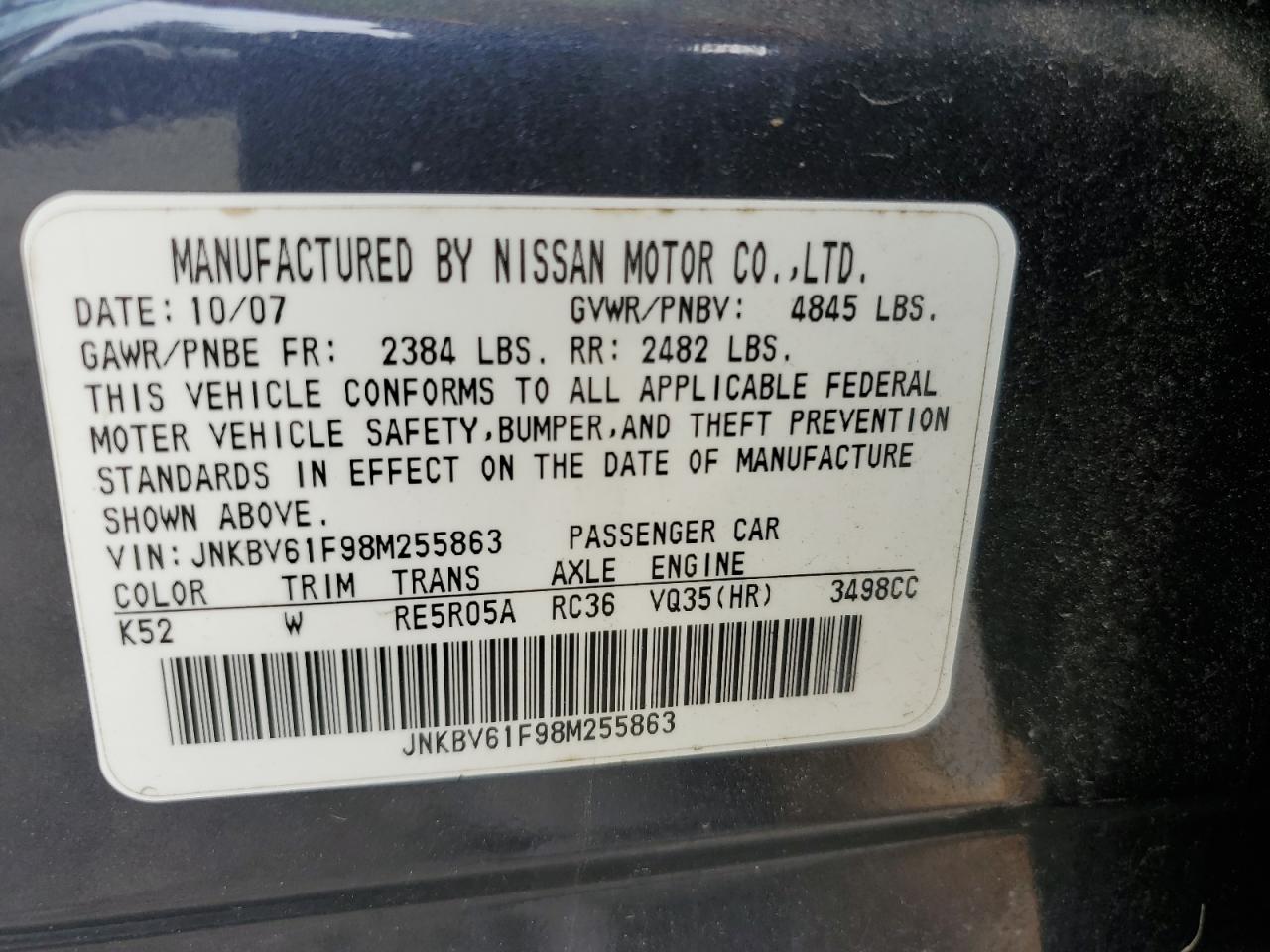 JNKBV61F98M255863 2008 Infiniti G35