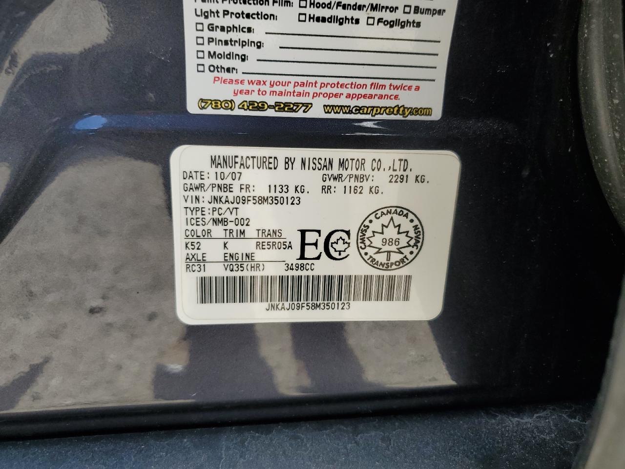 JNKAJ09F58M350123 2008 Infiniti Ex35 Base