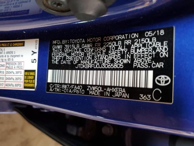 2018 Toyota Prius VIN: JTDKBRFU0J3065805 Lot: 59913104