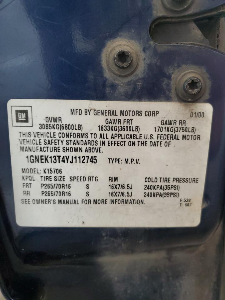 1GNEK13T4YJ112745 2000 Chevrolet Tahoe K1500