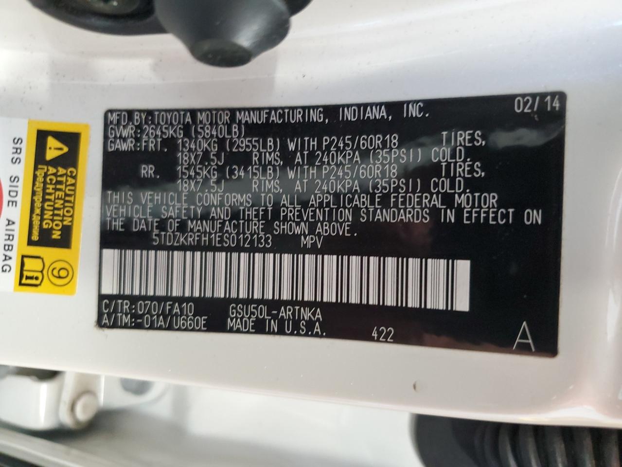 5TDZKRFH1ES012133 2014 Toyota Highlander Le