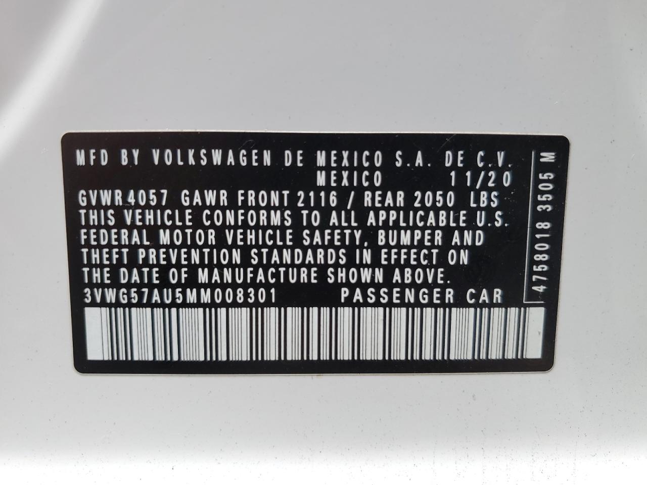 3VWG57AU5MM008301 2021 Volkswagen Golf