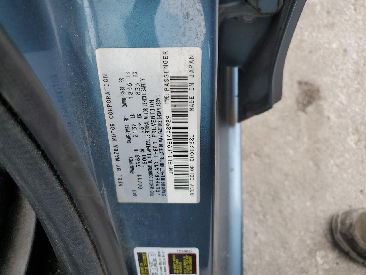 JM1BL1UF9B1498989 2011 Mazda 3 I