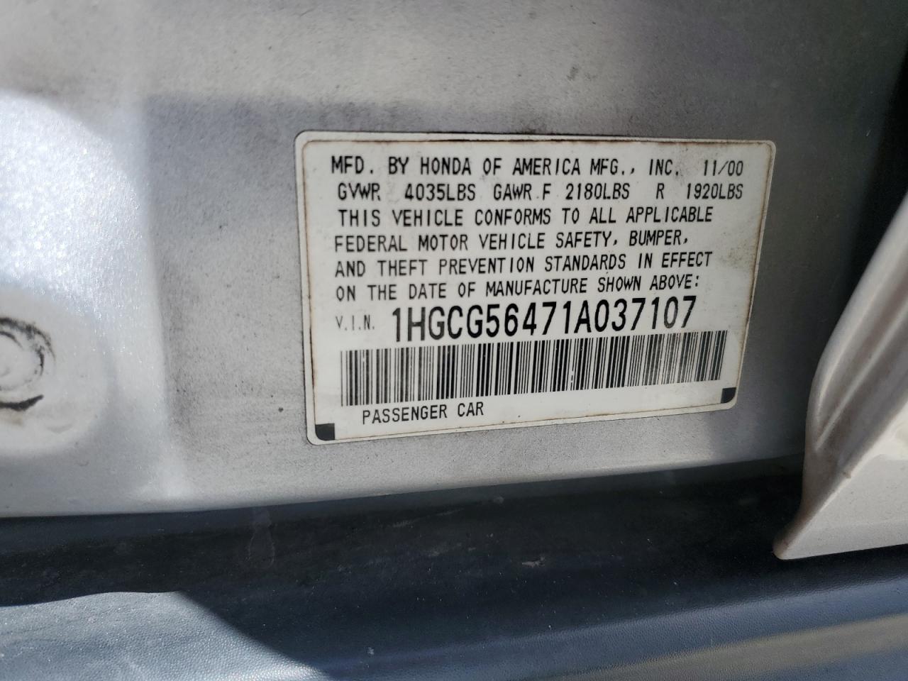 1HGCG56471A037107 2001 Honda Accord Lx