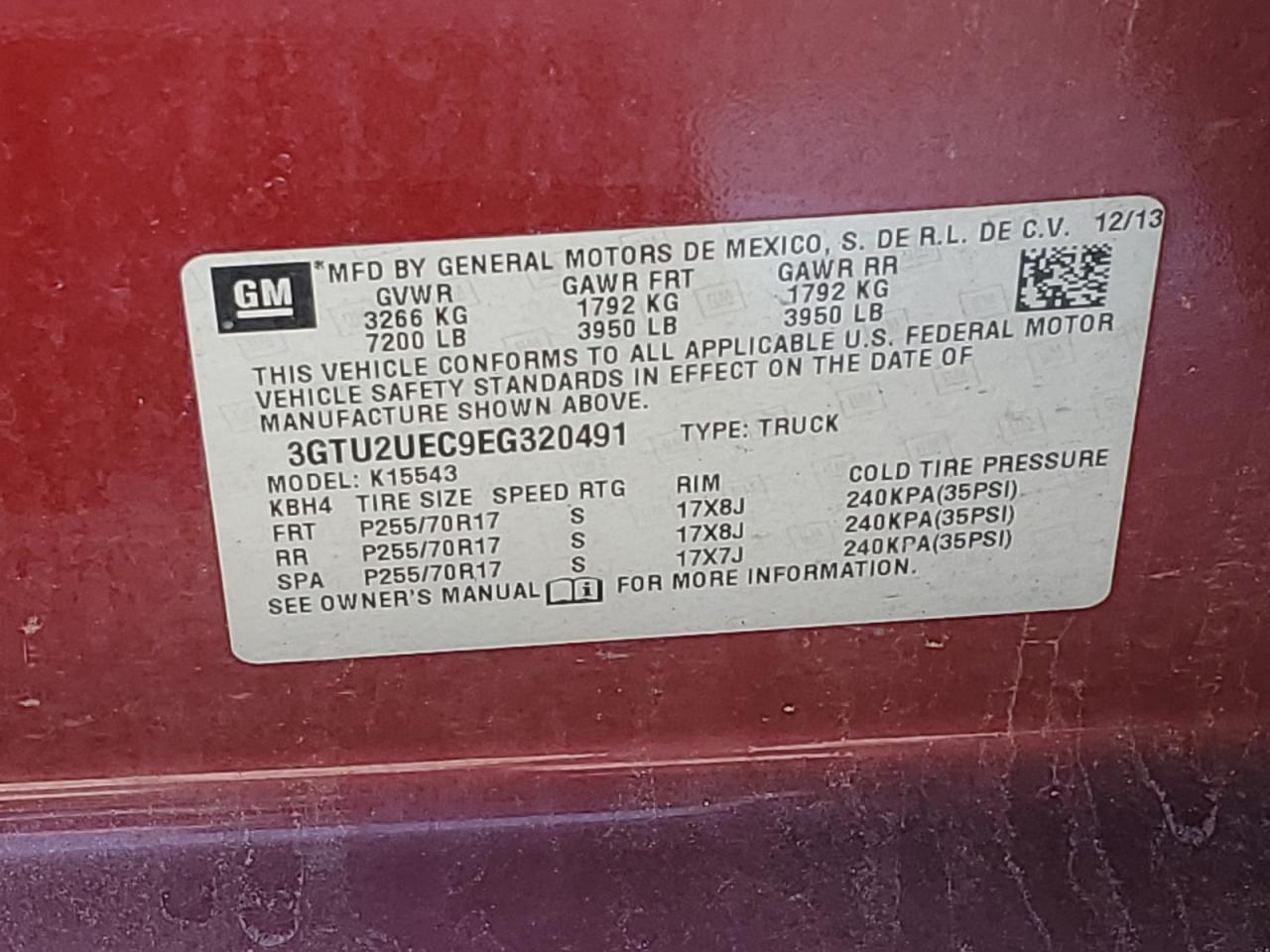 3GTU2UEC9EG320491 2014 GMC Sierra K1500 Sle