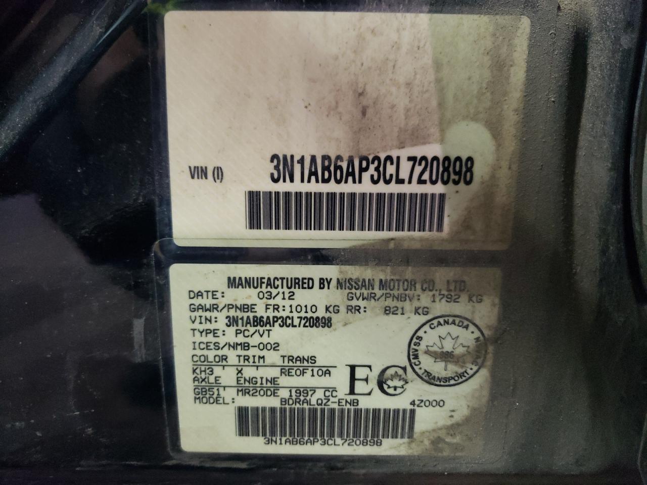 3N1AB6AP3CL720898 2012 Nissan Sentra 2.0